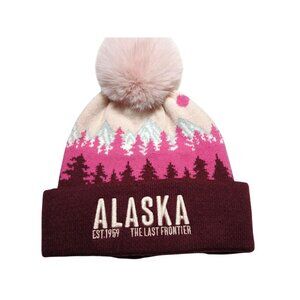 Robin Ruth Alaska Beanie Pom Hat Embroidered Forget Me Not Design Pink Maroon